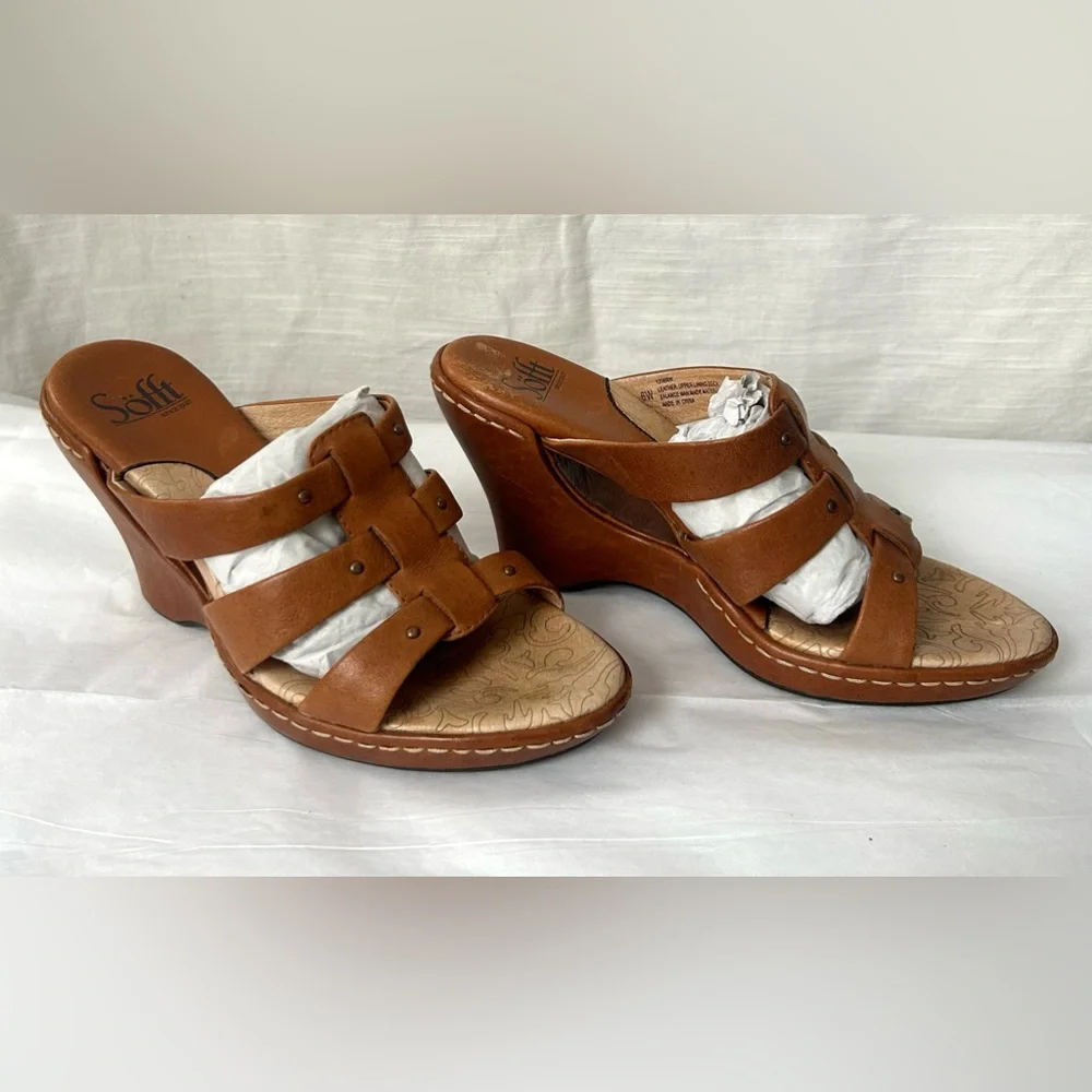 SOFFT Women's Brown Leather Cutout Neutral Minimalist Quiet Luxury Wedge Sandals